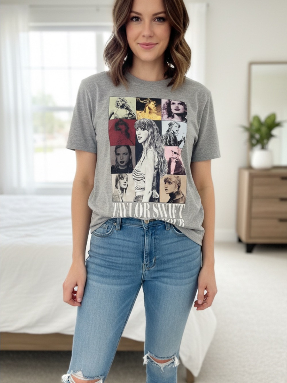 Taylor Swift Gray Short-Sleeve Graphic Tee with Multicolor Collage
